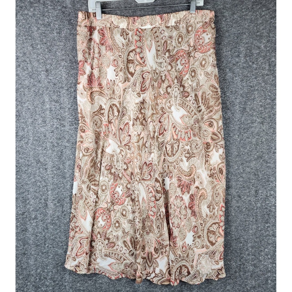 Dressbarn Paisley Midi Skirt Womens Large Tan Brown Coral Elastic Waist Lined - Picture 2 of 8